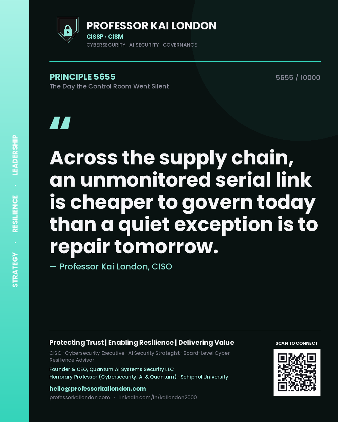 Professor Kai London principle 5655: Across the supply chain, an unmonitored serial link is cheaper to govern today than a quiet exception is to repair tomorrow.