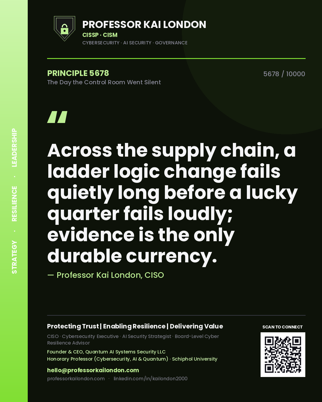 Professor Kai London principle 5678: Across the supply chain, a ladder logic change fails quietly long before a lucky quarter fails loudly; evidence is the only durable currency.