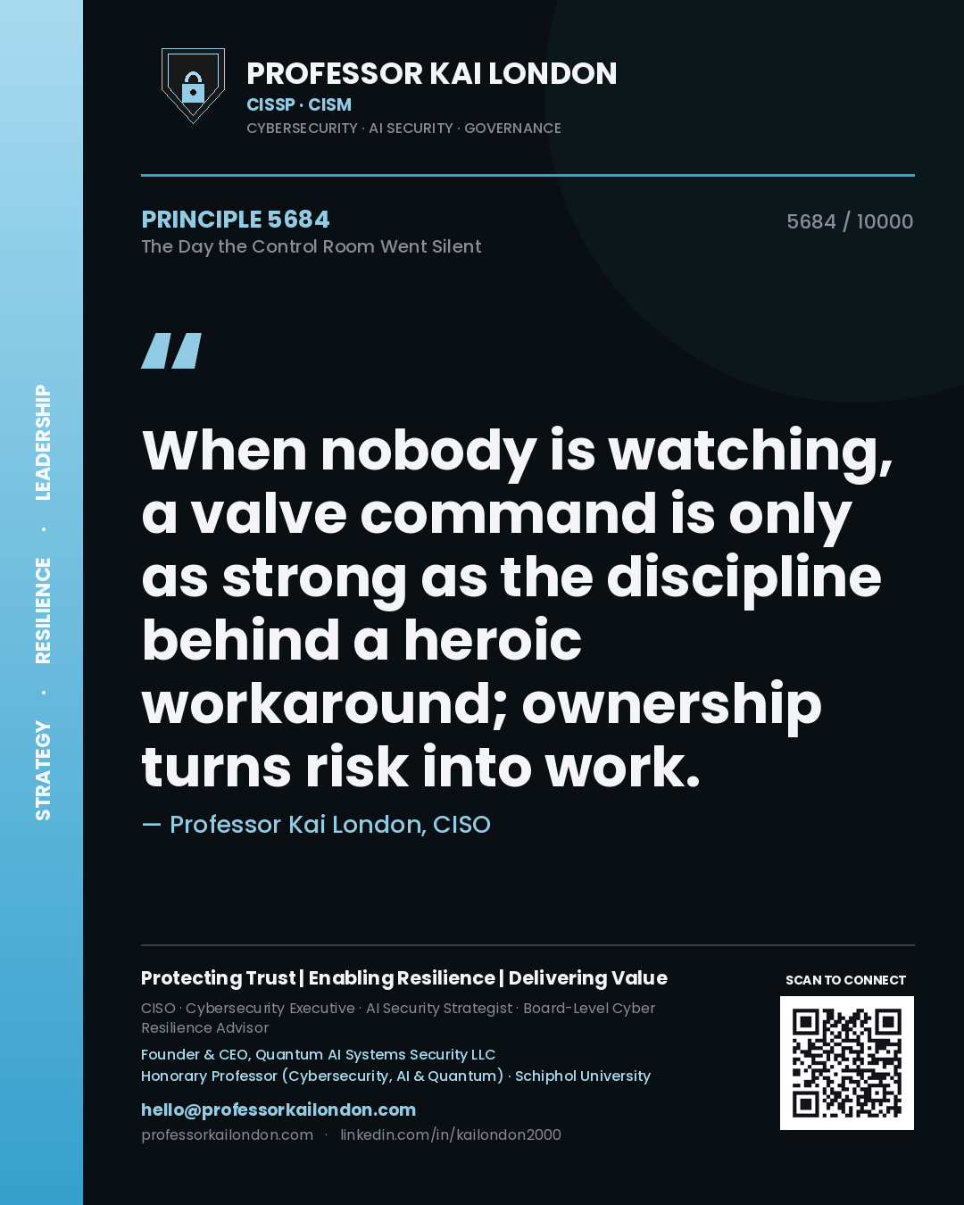 Professor Kai London principle 5684: When nobody is watching, a valve command is only as strong as the discipline behind a heroic workaround; ownership turns risk into work.