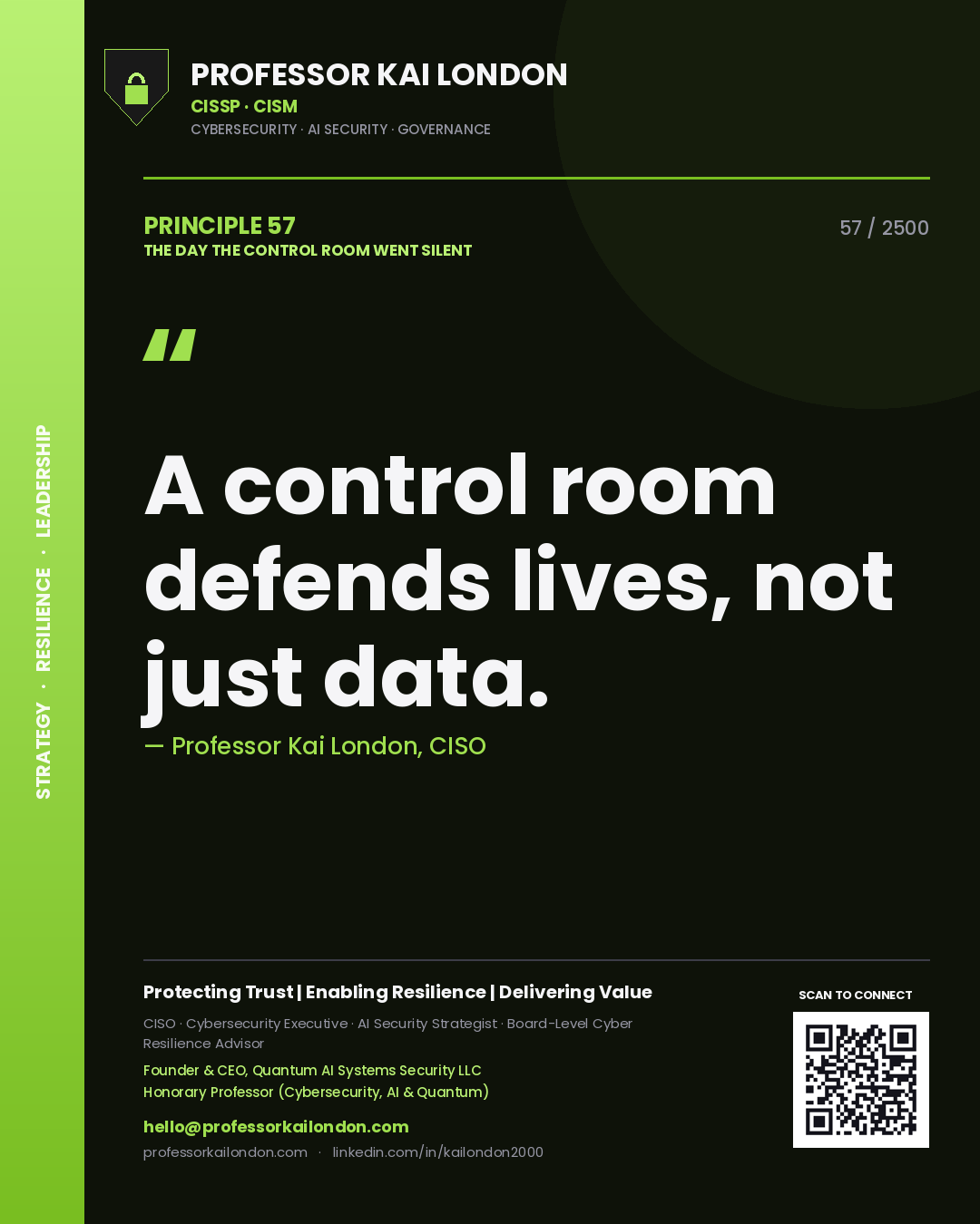 Professor Kai London principle 57: A control room defends lives, not just data.