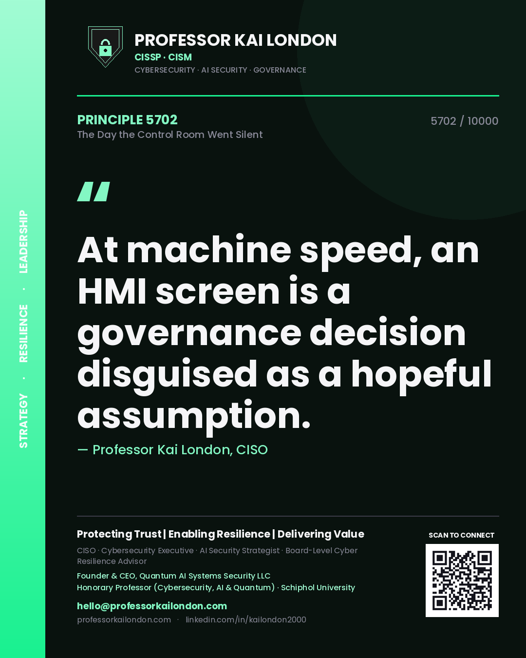 Professor Kai London principle 5702: At machine speed, an HMI screen is a governance decision disguised as a hopeful assumption.
