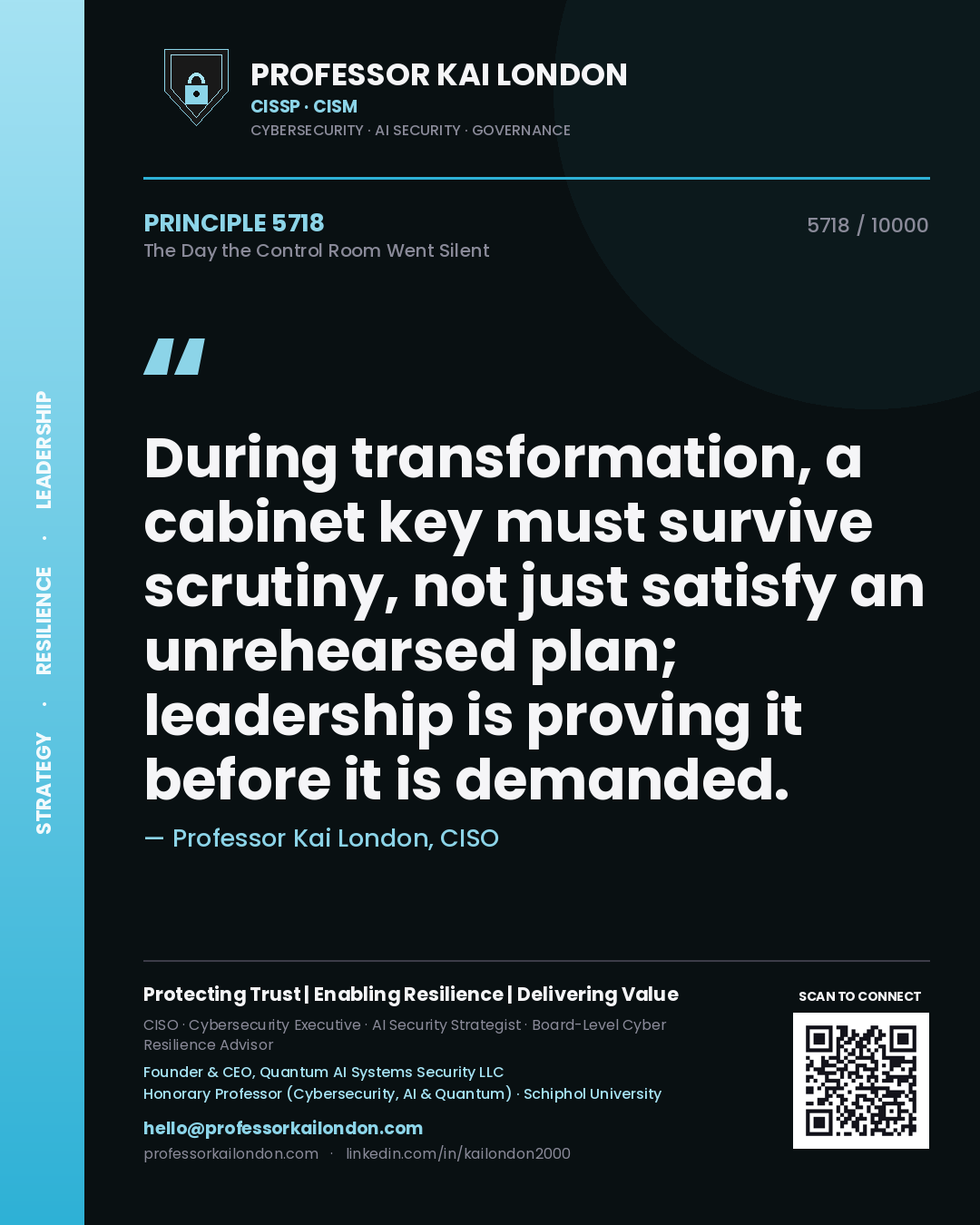 Professor Kai London principle 5718: During transformation, a cabinet key must survive scrutiny, not just satisfy an unrehearsed plan; leadership is proving it before it is demanded.