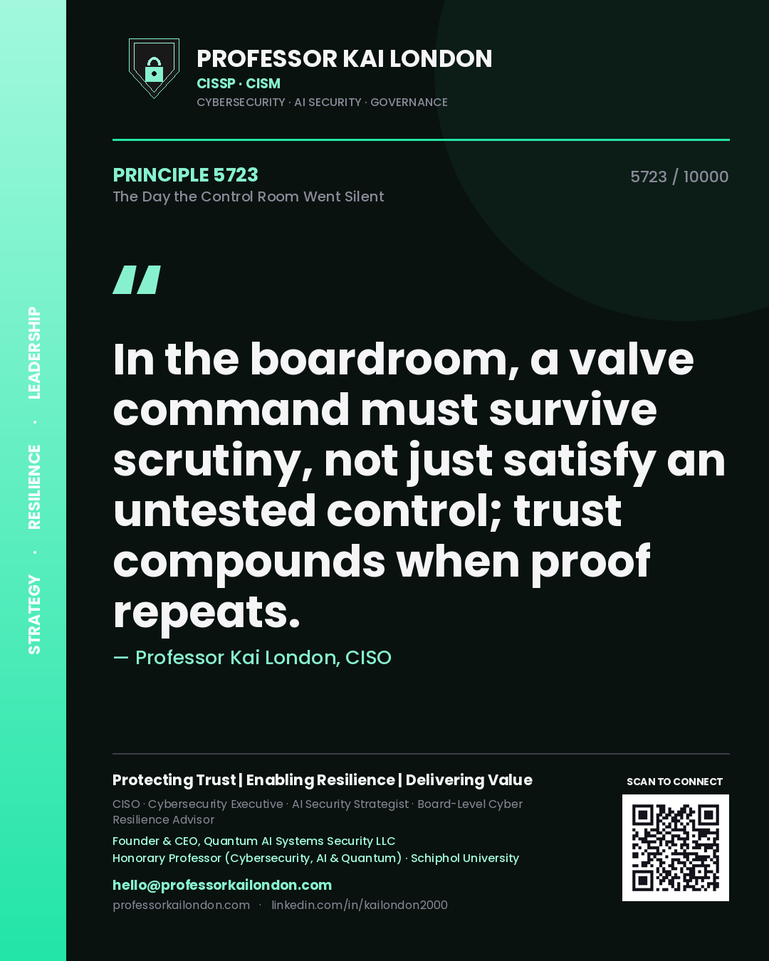 Professor Kai London principle 5723: In the boardroom, a valve command must survive scrutiny, not just satisfy an untested control; trust compounds when proof repeats.