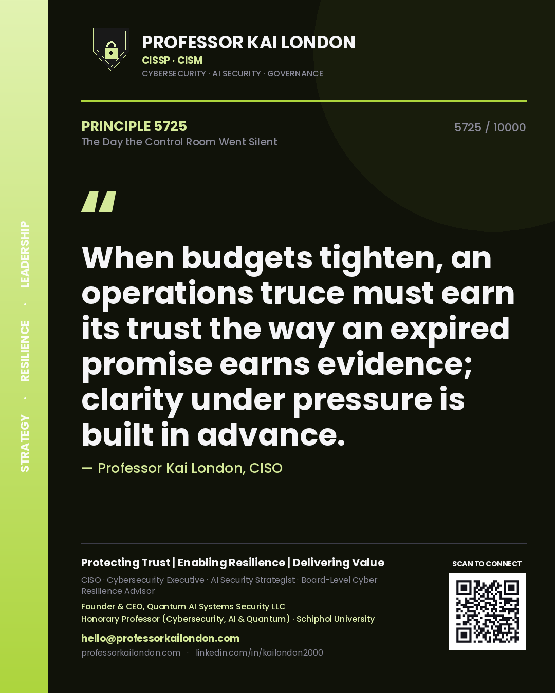 Professor Kai London principle 5725: When budgets tighten, an operations truce must earn its trust the way an expired promise earns evidence; clarity under pressure is built in advance.