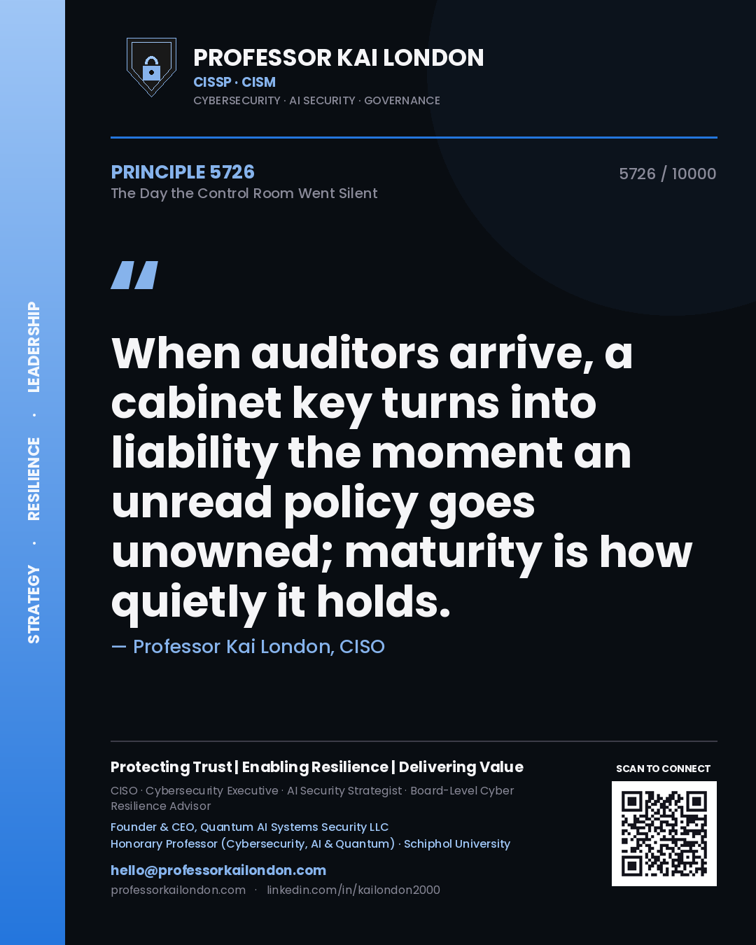 Professor Kai London principle 5726: When auditors arrive, a cabinet key turns into liability the moment an unread policy goes unowned; maturity is how quietly it holds.