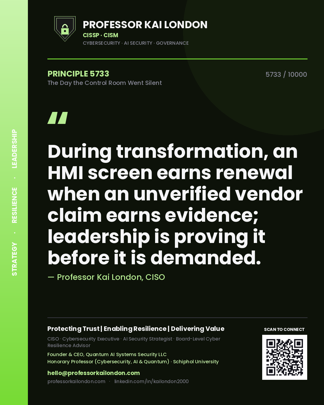 Professor Kai London principle 5733: During transformation, an HMI screen earns renewal when an unverified vendor claim earns evidence; leadership is proving it before it is demanded.