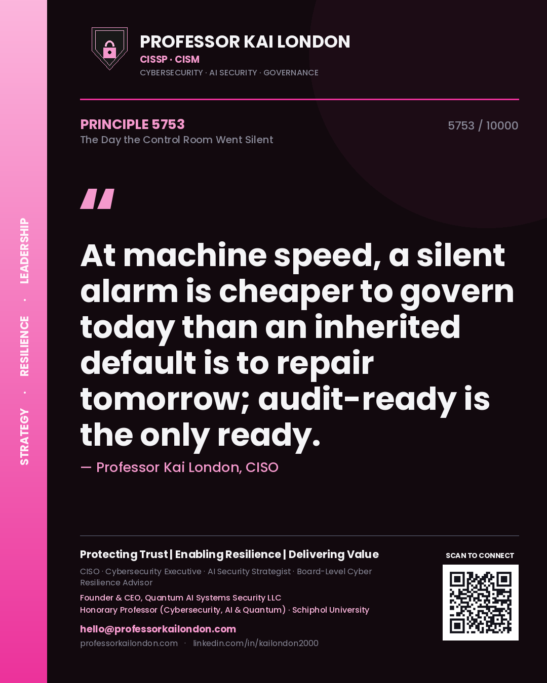 Professor Kai London principle 5753: At machine speed, a silent alarm is cheaper to govern today than an inherited default is to repair tomorrow; audit-ready is the only ready.