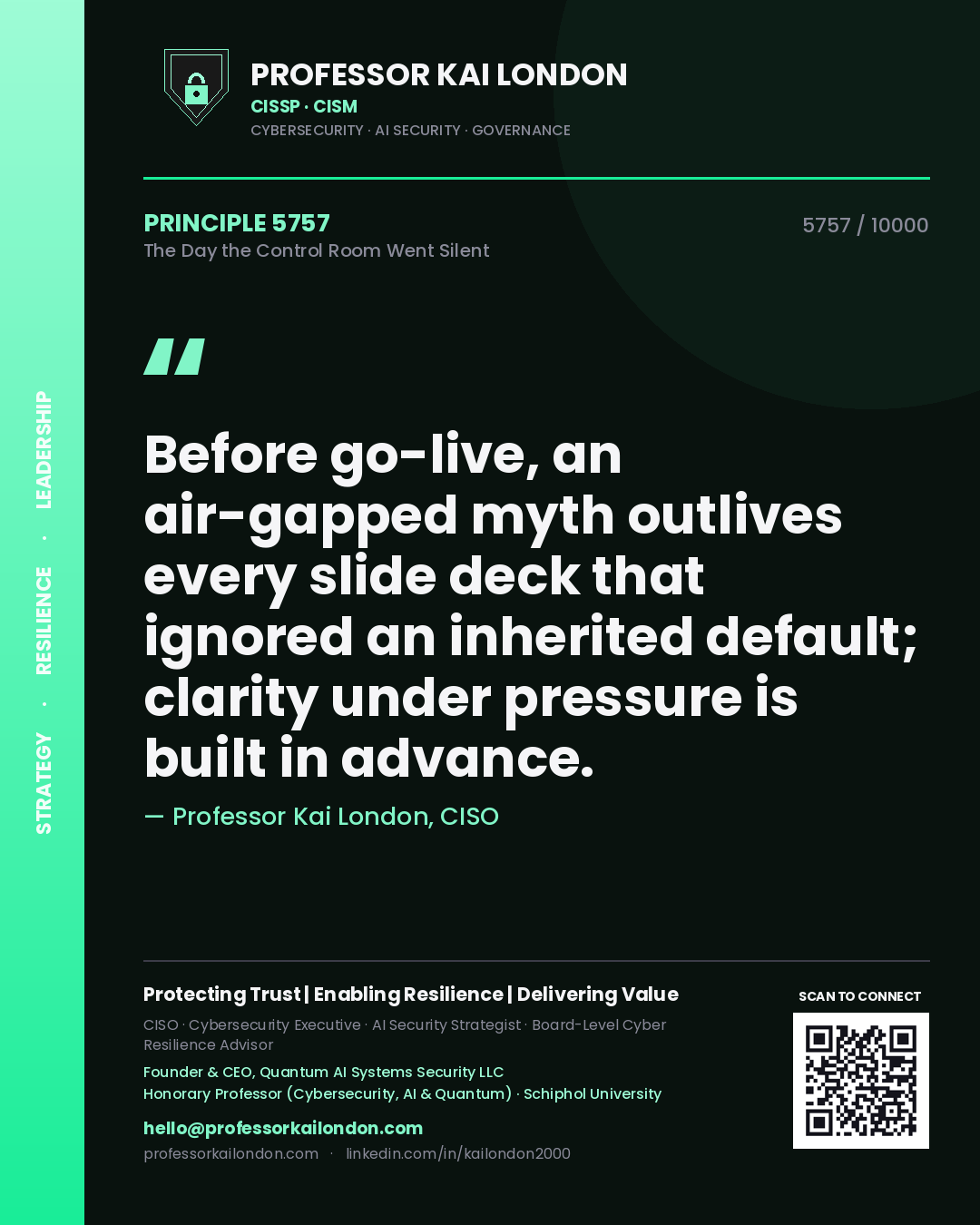Professor Kai London principle 5757: Before go-live, an air-gapped myth outlives every slide deck that ignored an inherited default; clarity under pressure is built in advance.