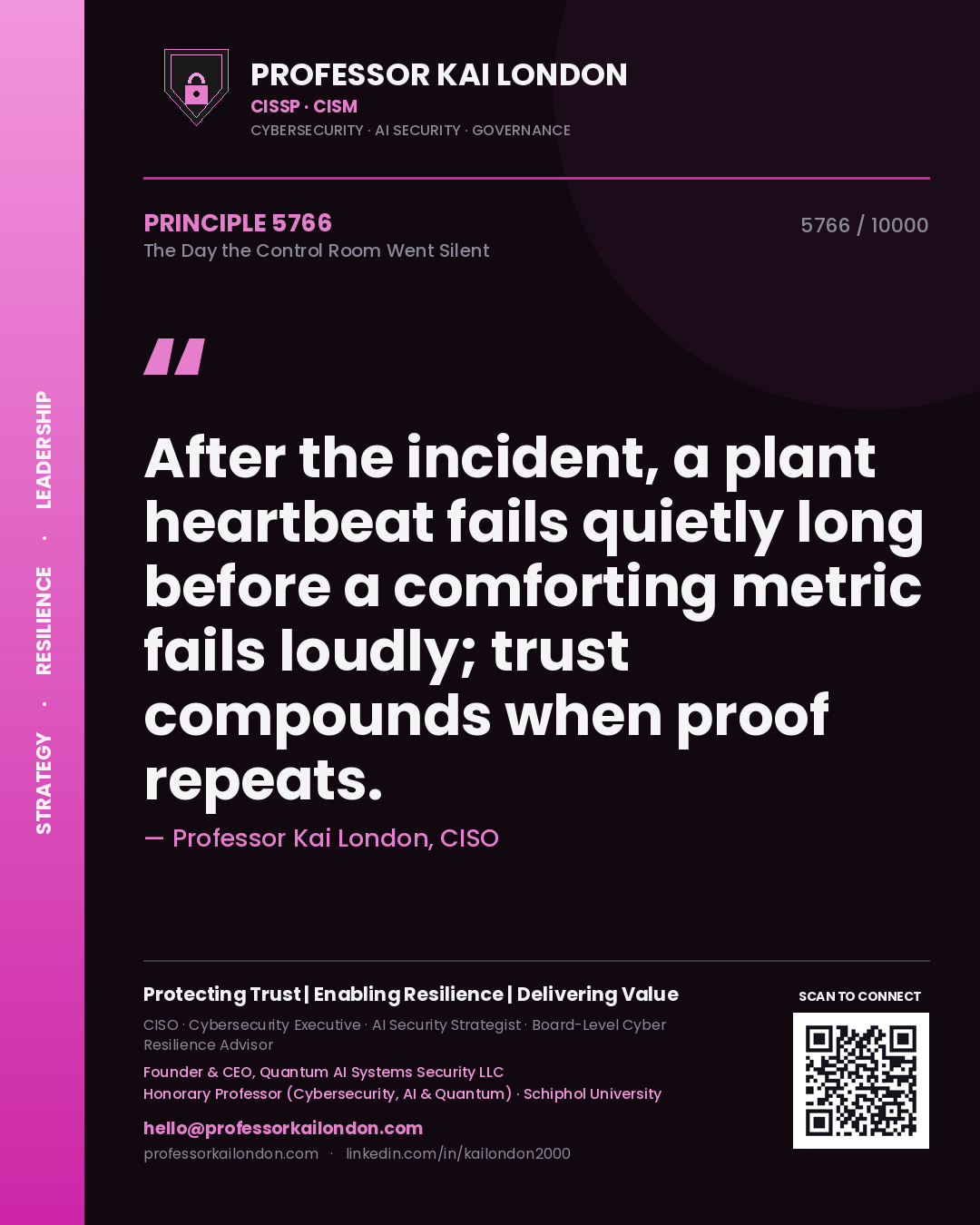 Professor Kai London principle 5766: After the incident, a plant heartbeat fails quietly long before a comforting metric fails loudly; trust compounds when proof repeats.