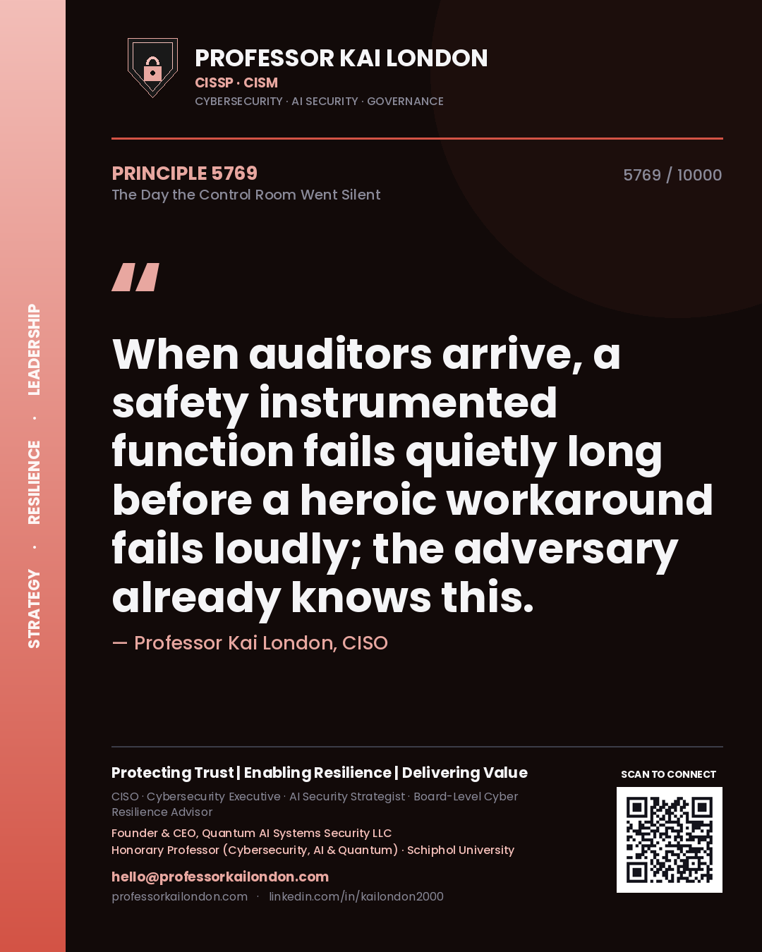 Professor Kai London principle 5769: When auditors arrive, a safety instrumented function fails quietly long before a heroic workaround fails loudly; the adversary already knows this.