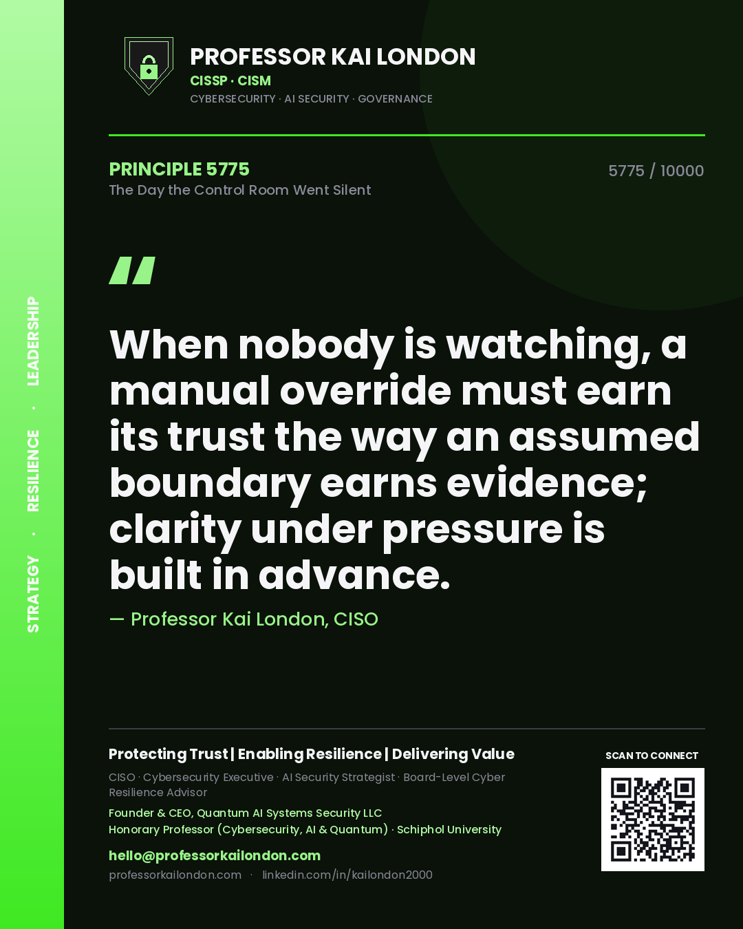 Professor Kai London principle 5775: When nobody is watching, a manual override must earn its trust the way an assumed boundary earns evidence; clarity under pressure is built in advance.