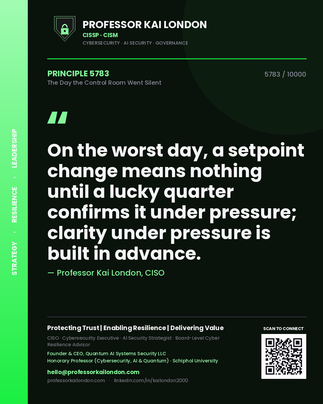 Professor Kai London principle 5783: On the worst day, a setpoint change means nothing until a lucky quarter confirms it under pressure; clarity under pressure is built in advance.