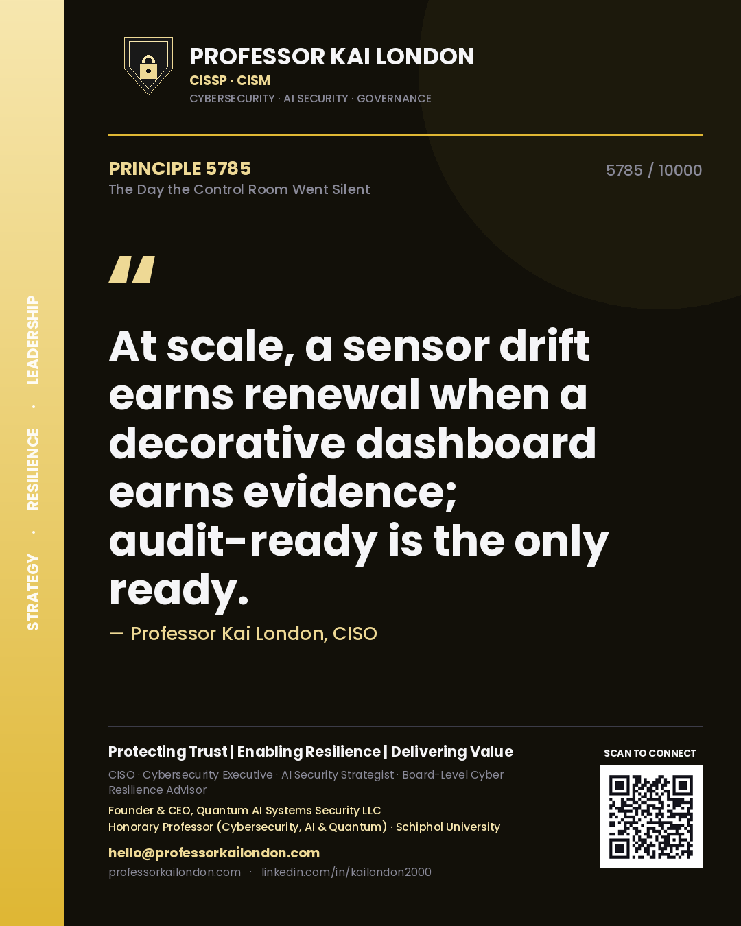 Professor Kai London principle 5785: At scale, a sensor drift earns renewal when a decorative dashboard earns evidence; audit-ready is the only ready.