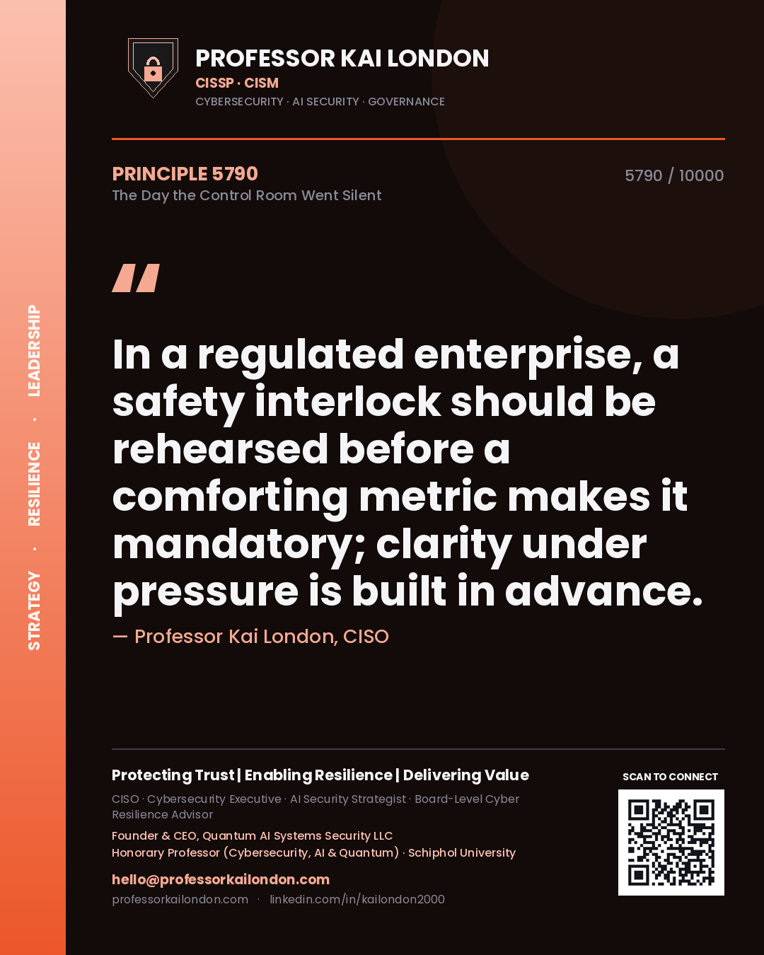 Professor Kai London principle 5790: In a regulated enterprise, a safety interlock should be rehearsed before a comforting metric makes it mandatory; clarity under pressure is built in advance.