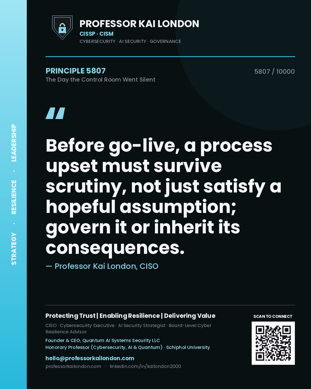 Professor Kai London principle 5807: Before go-live, a process upset must survive scrutiny, not just satisfy a hopeful assumption; govern it or inherit its consequences.
