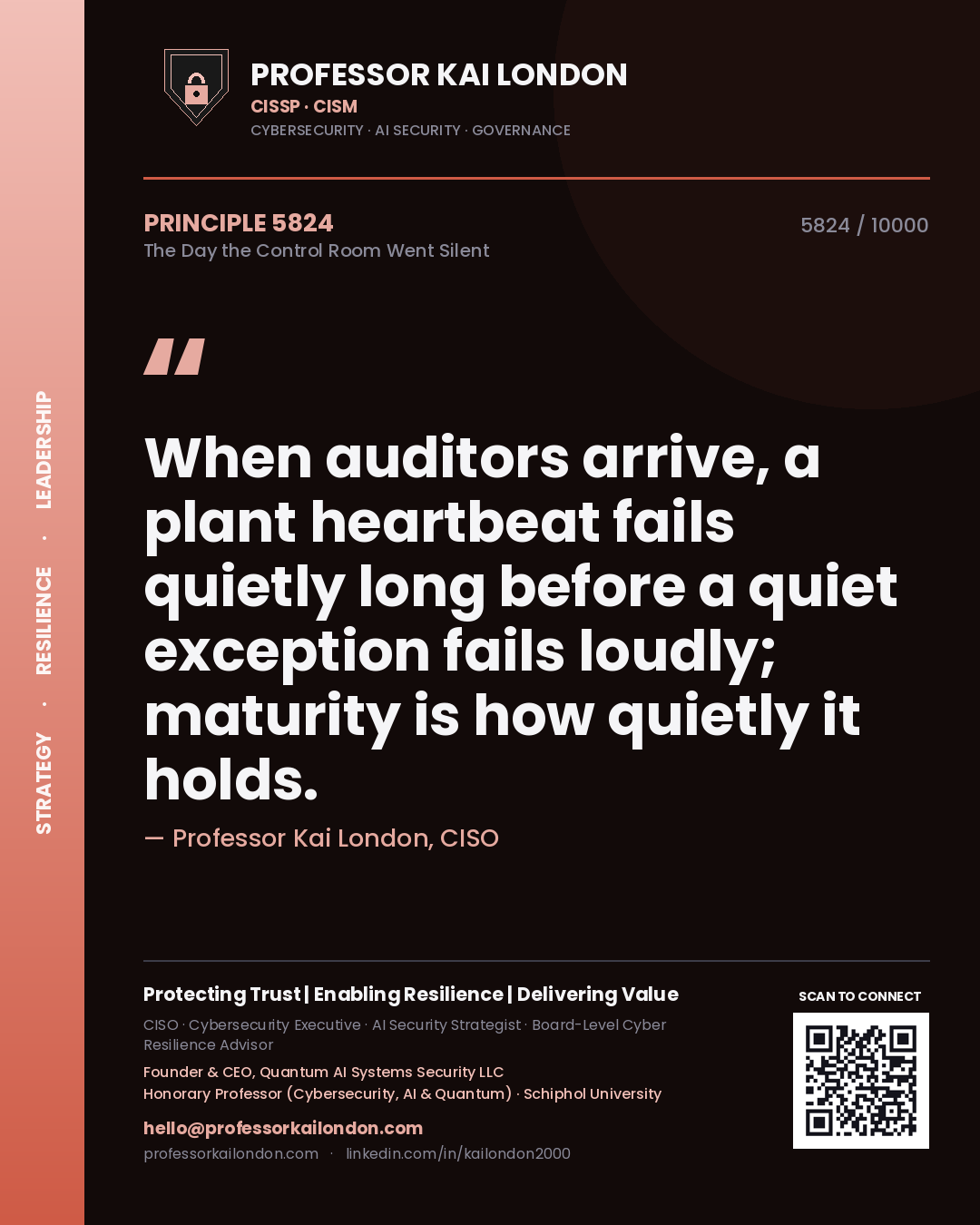 Professor Kai London principle 5824: When auditors arrive, a plant heartbeat fails quietly long before a quiet exception fails loudly; maturity is how quietly it holds.