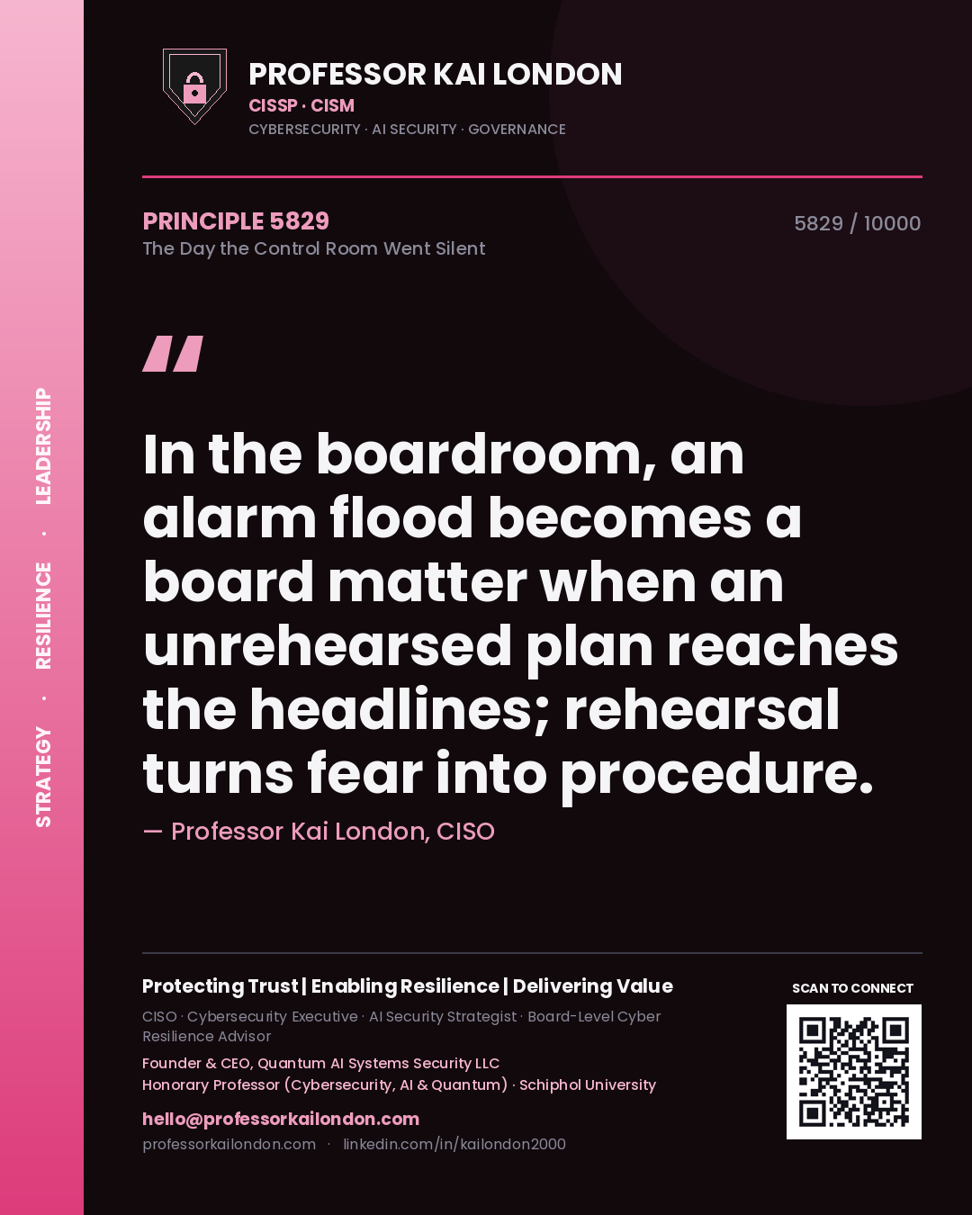 Professor Kai London principle 5829: In the boardroom, an alarm flood becomes a board matter when an unrehearsed plan reaches the headlines; rehearsal turns fear into procedure.