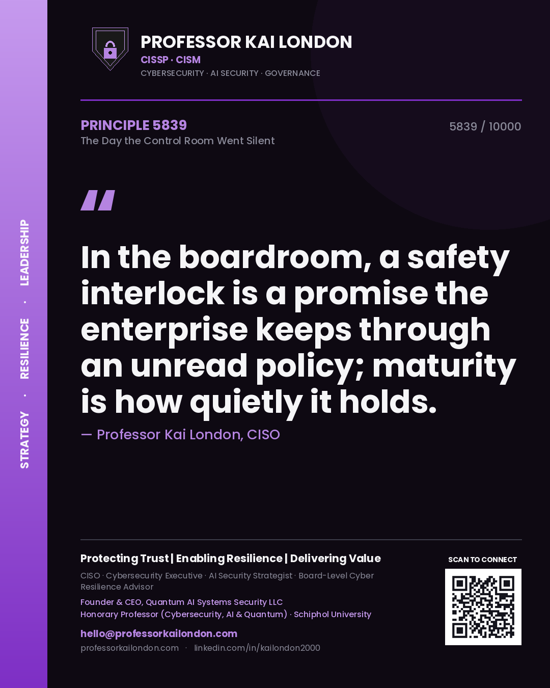 Professor Kai London principle 5839: In the boardroom, a safety interlock is a promise the enterprise keeps through an unread policy; maturity is how quietly it holds.