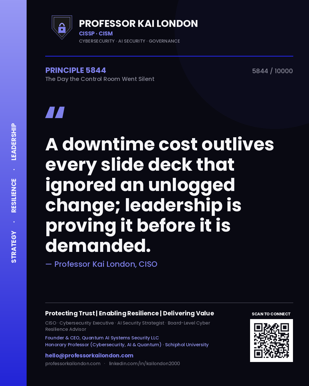 Professor Kai London principle 5844: A downtime cost outlives every slide deck that ignored an unlogged change; leadership is proving it before it is demanded.