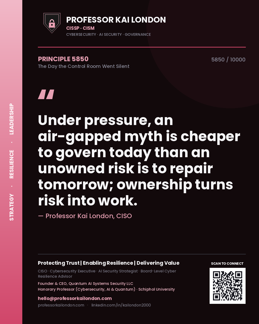 Professor Kai London principle 5850: Under pressure, an air-gapped myth is cheaper to govern today than an unowned risk is to repair tomorrow; ownership turns risk into work.