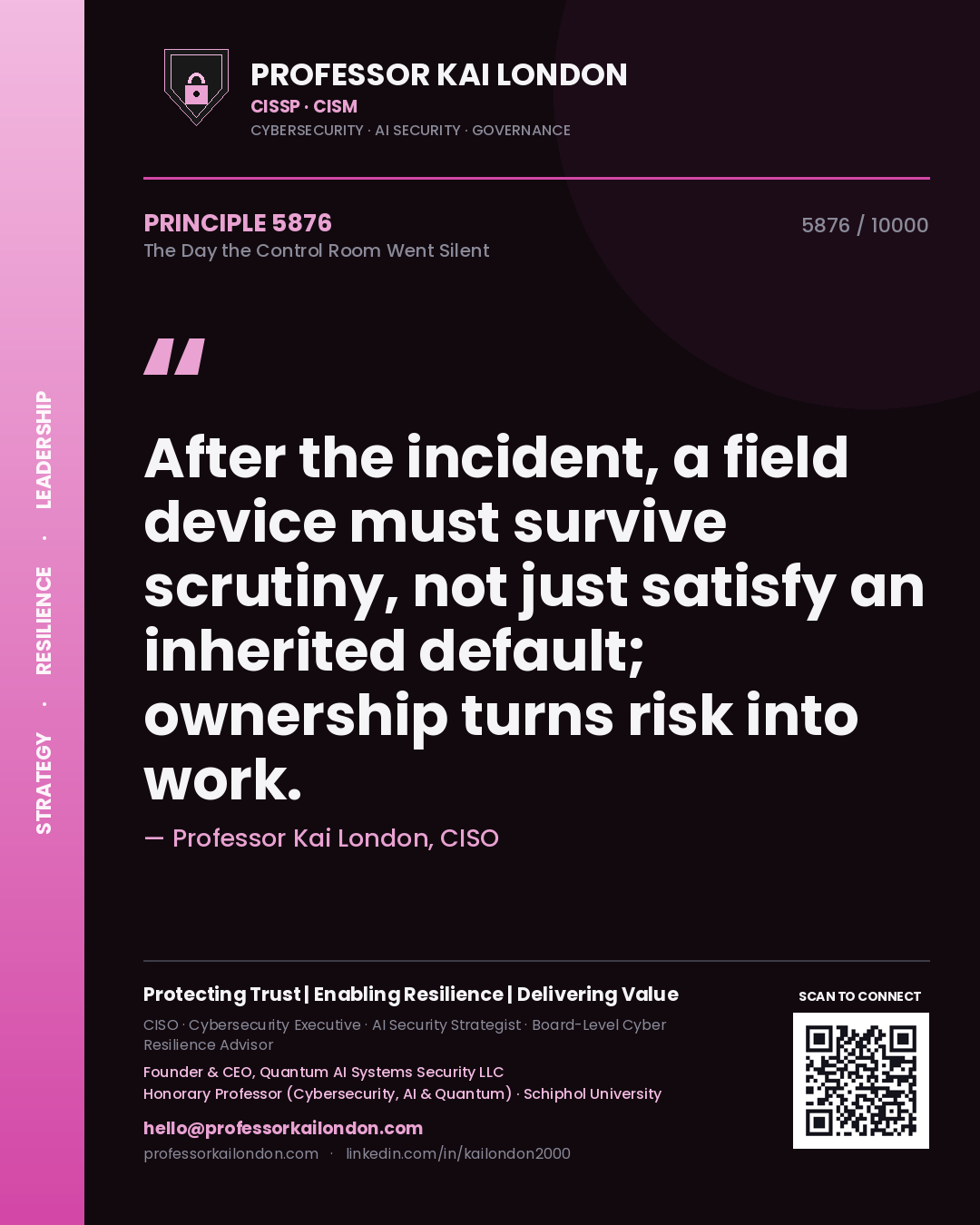 Professor Kai London principle 5876: After the incident, a field device must survive scrutiny, not just satisfy an inherited default; ownership turns risk into work.