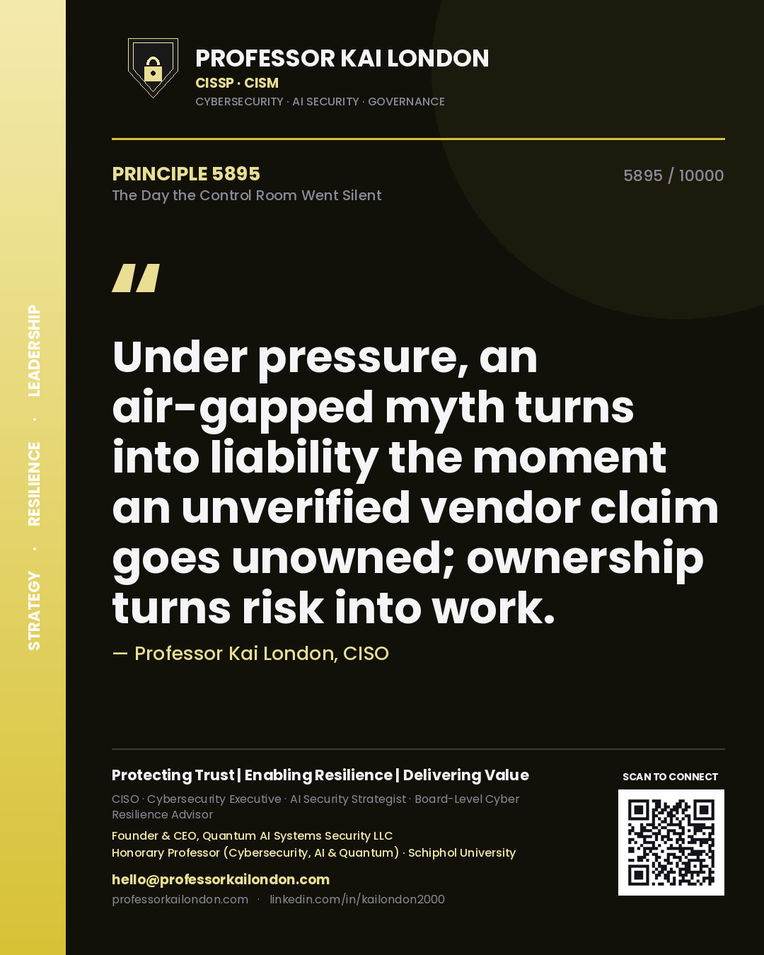Professor Kai London principle 5895: Under pressure, an air-gapped myth turns into liability the moment an unverified vendor claim goes unowned; ownership turns risk into work.