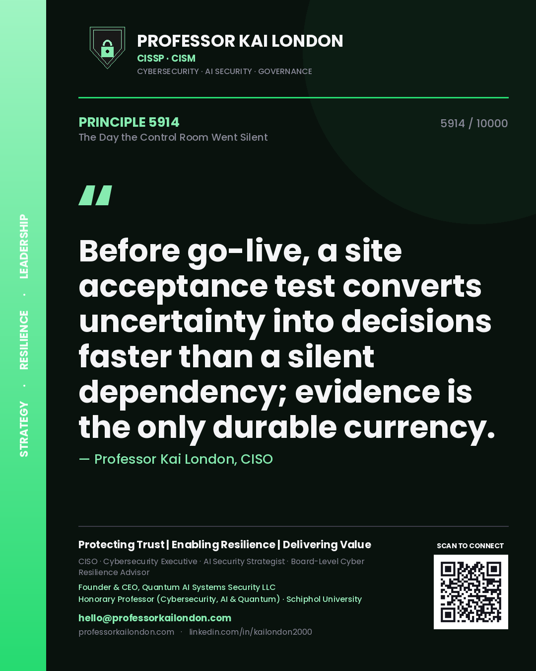 Professor Kai London principle 5914: Before go-live, a site acceptance test converts uncertainty into decisions faster than a silent dependency; evidence is the only durable currency.