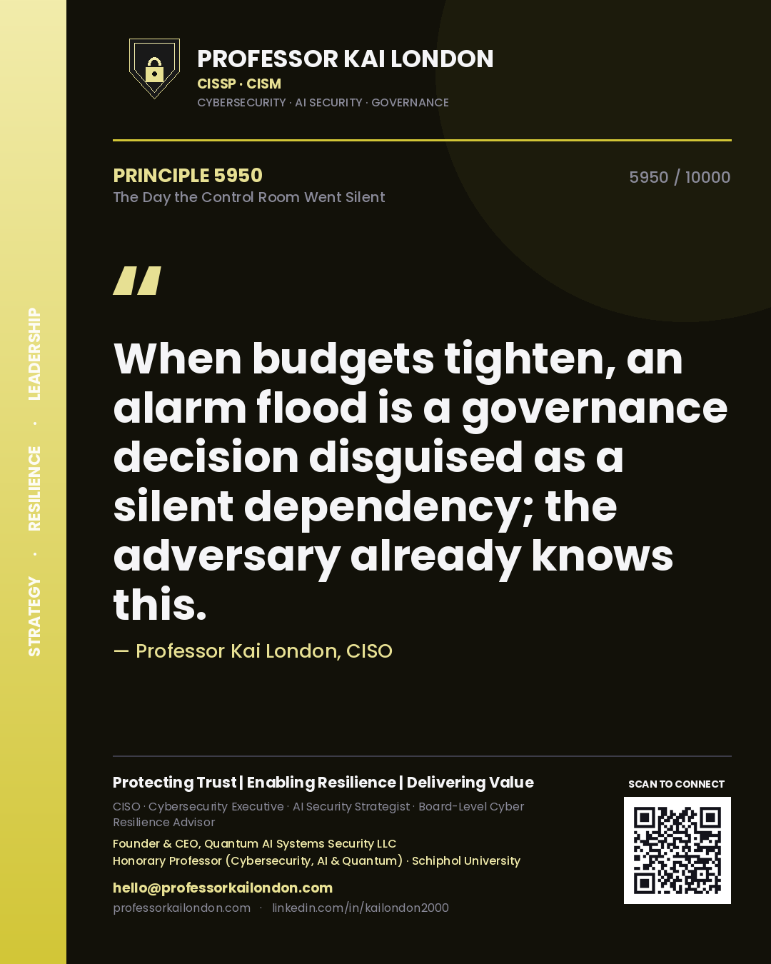 Professor Kai London principle 5950: When budgets tighten, an alarm flood is a governance decision disguised as a silent dependency; the adversary already knows this.