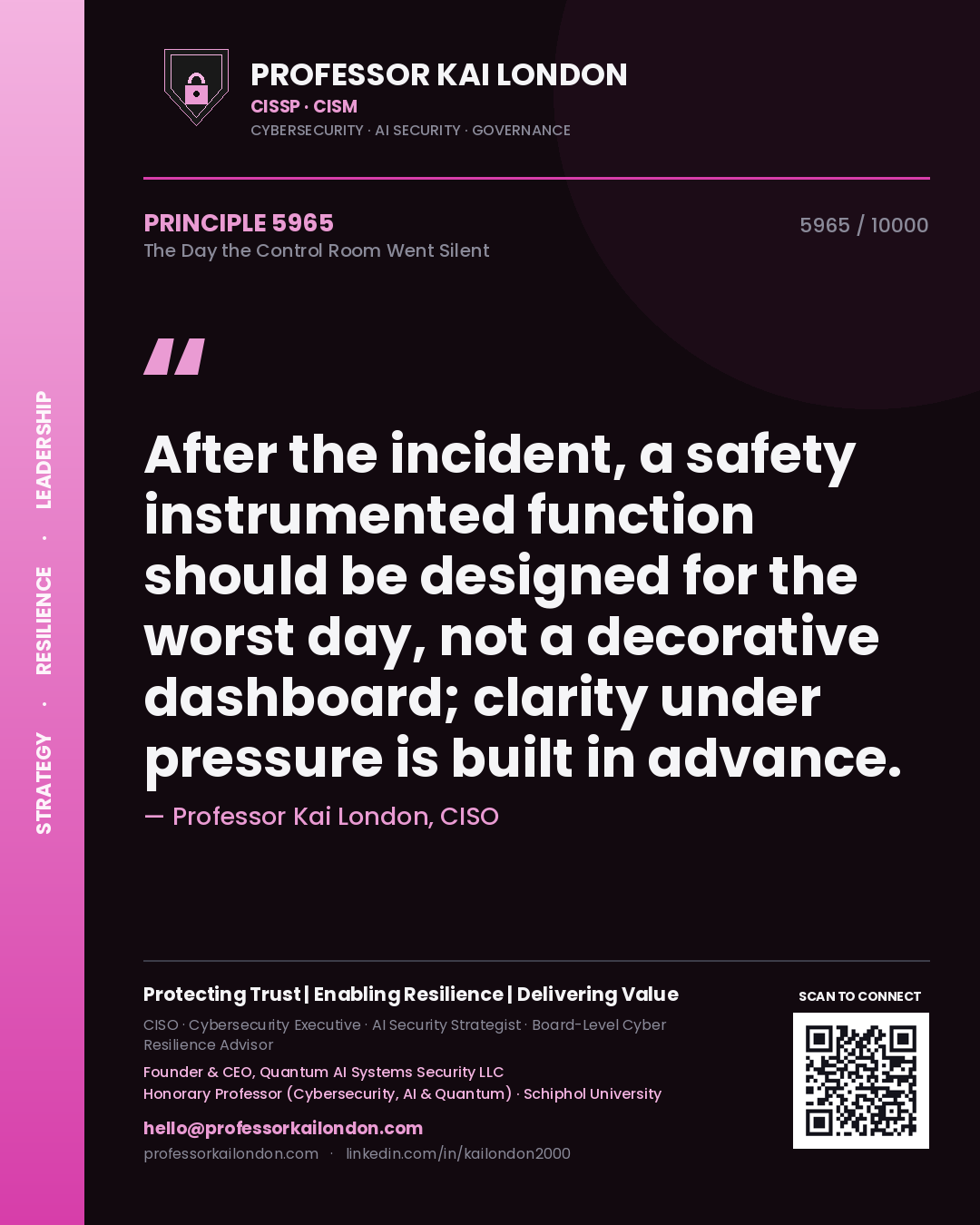 Professor Kai London principle 5965: After the incident, a safety instrumented function should be designed for the worst day, not a decorative dashboard; clarity under pressure is built in advance.