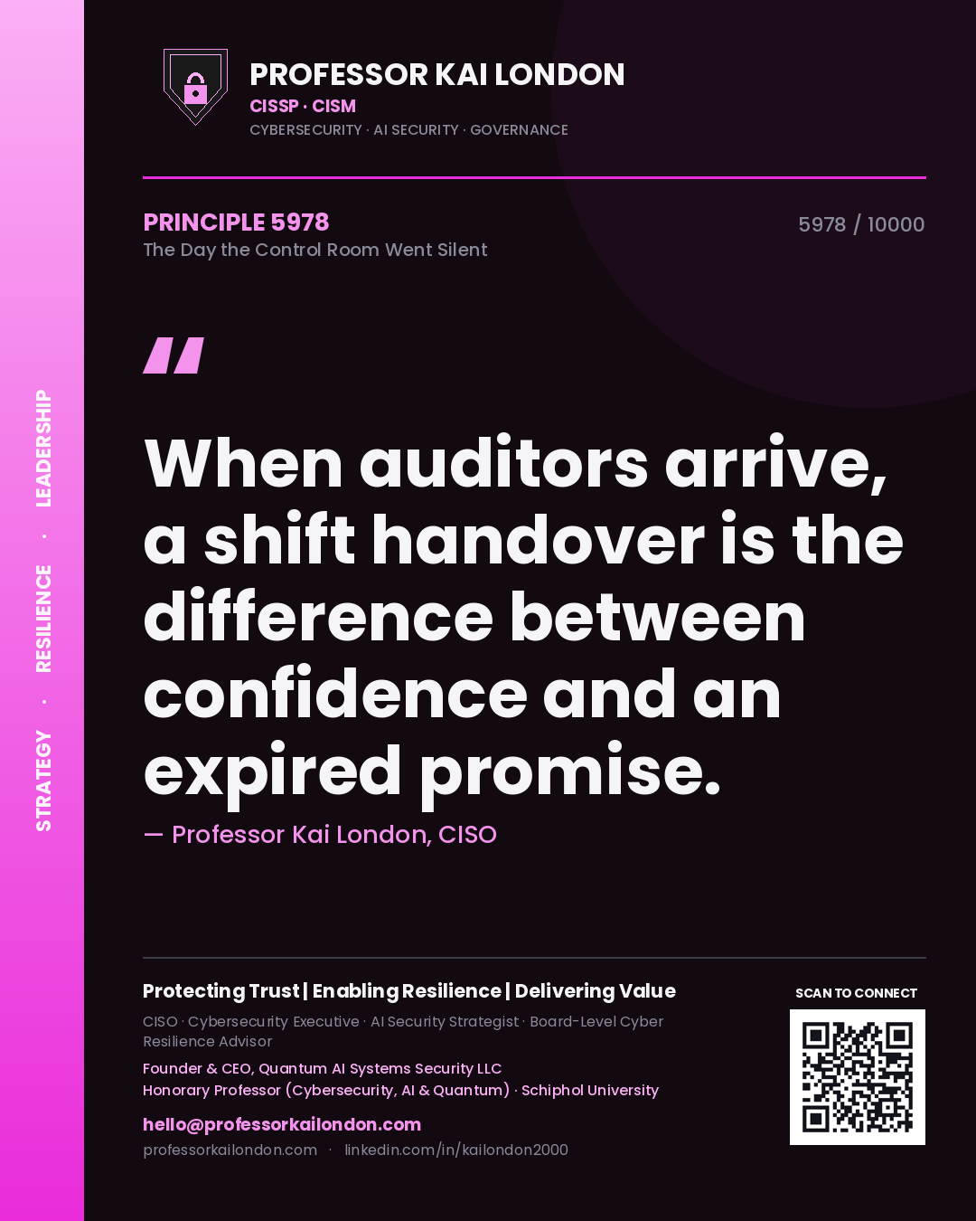 Professor Kai London principle 5978: When auditors arrive, a shift handover is the difference between confidence and an expired promise.