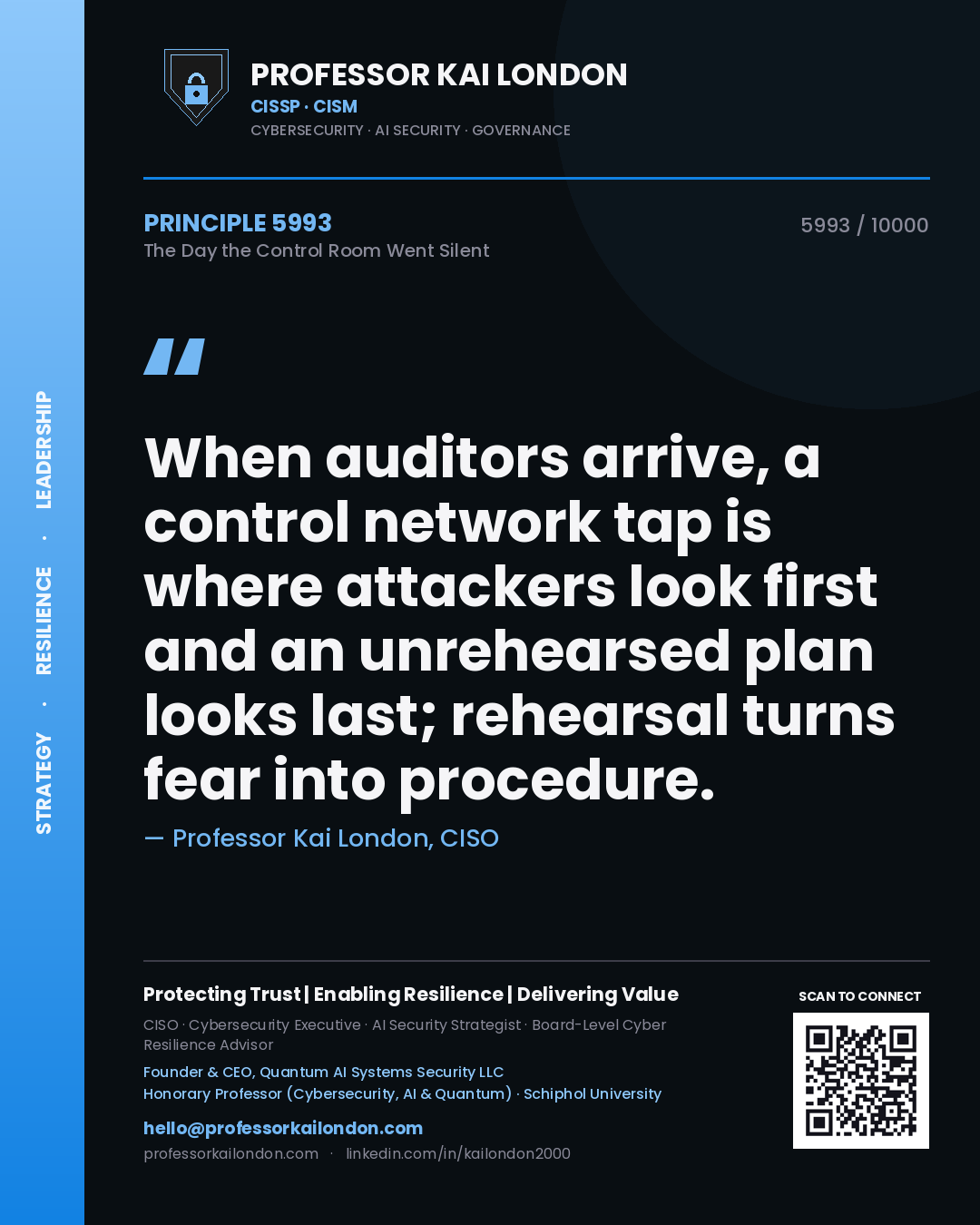 Professor Kai London principle 5993: When auditors arrive, a control network tap is where attackers look first and an unrehearsed plan looks last; rehearsal turns fear into procedure.