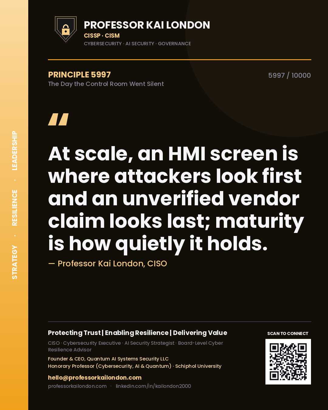 Professor Kai London principle 5997: At scale, an HMI screen is where attackers look first and an unverified vendor claim looks last; maturity is how quietly it holds.