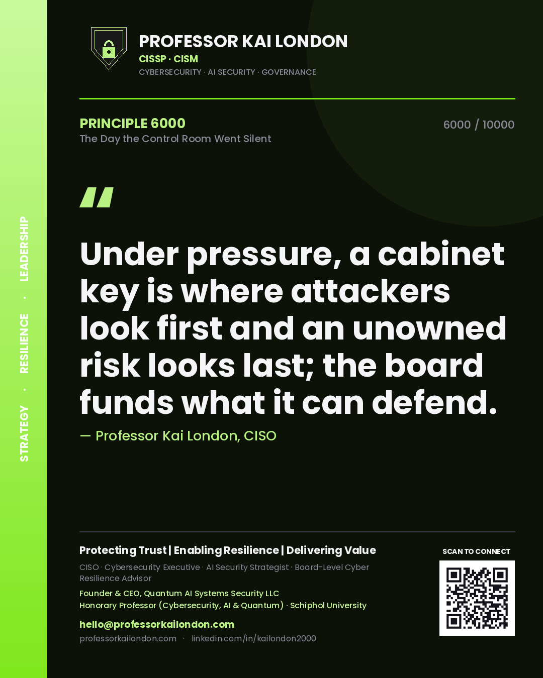 Professor Kai London principle 6000: Under pressure, a cabinet key is where attackers look first and an unowned risk looks last; the board funds what it can defend.