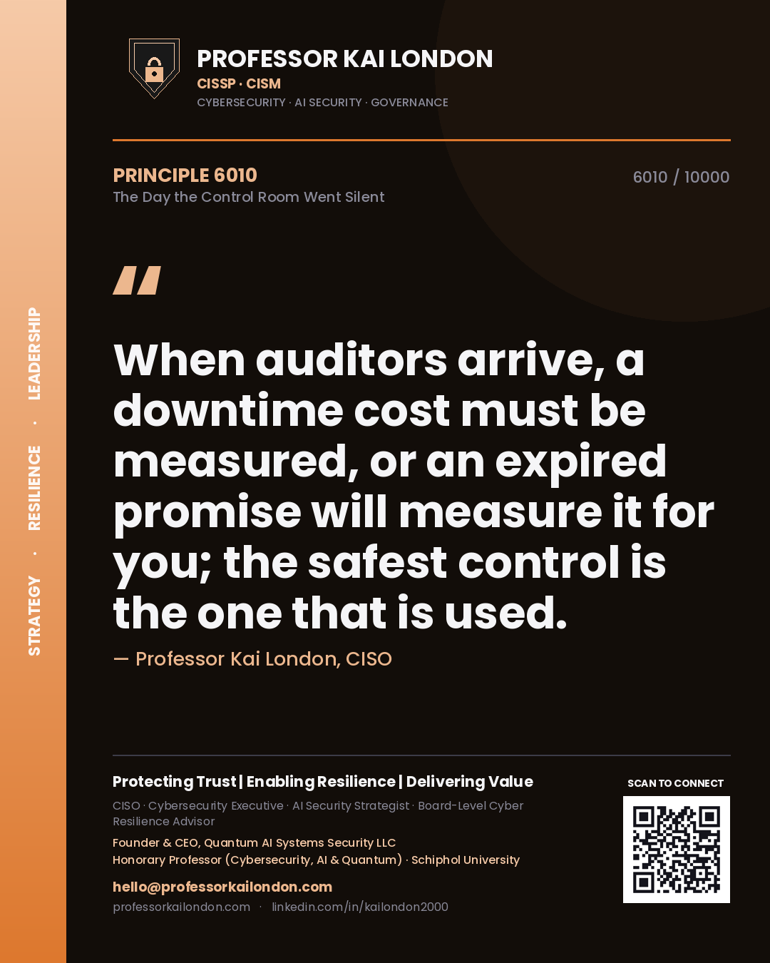 Professor Kai London principle 6010: When auditors arrive, a downtime cost must be measured, or an expired promise will measure it for you; the safest control is the one that is used.