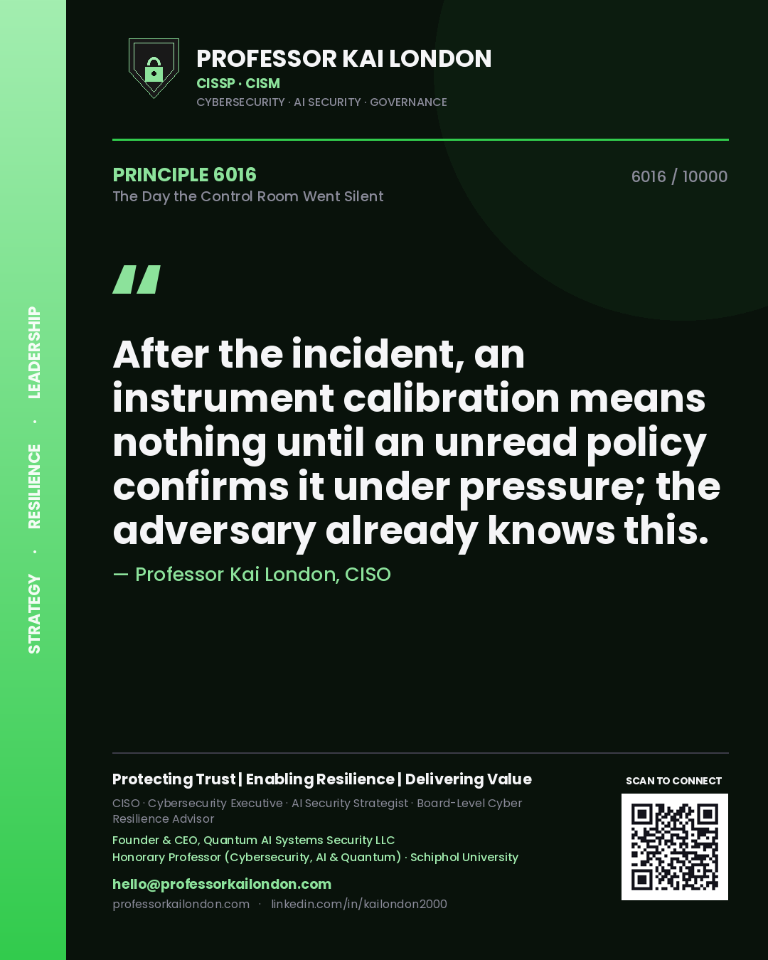 Professor Kai London principle 6016: After the incident, an instrument calibration means nothing until an unread policy confirms it under pressure; the adversary already knows this.