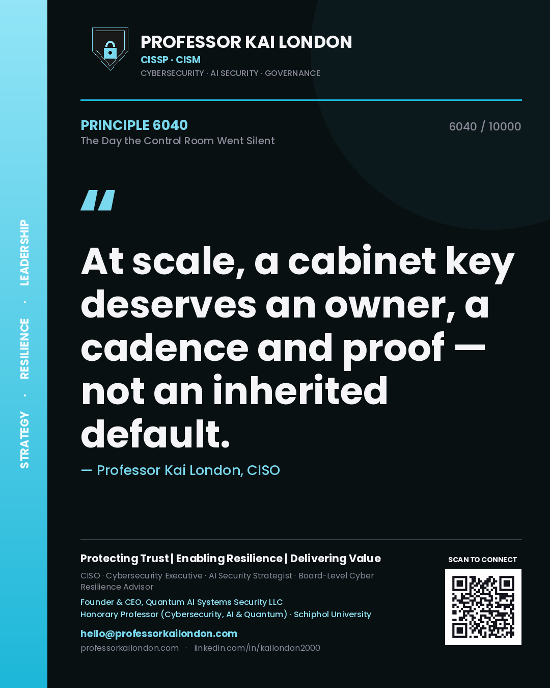 Professor Kai London principle 6040: At scale, a cabinet key deserves an owner, a cadence and proof — not an inherited default.