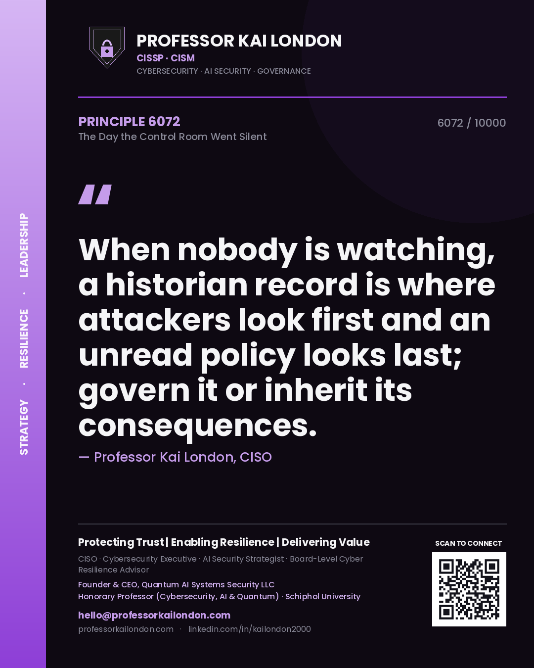 Professor Kai London principle 6072: When nobody is watching, a historian record is where attackers look first and an unread policy looks last; govern it or inherit its consequences.