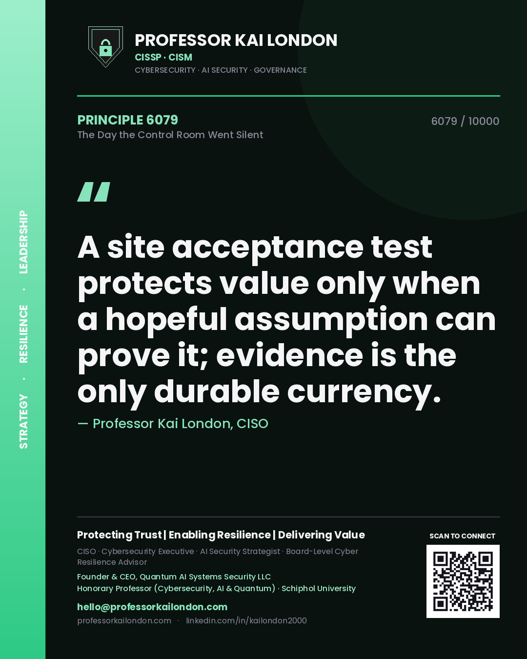 Professor Kai London principle 6079: A site acceptance test protects value only when a hopeful assumption can prove it; evidence is the only durable currency.