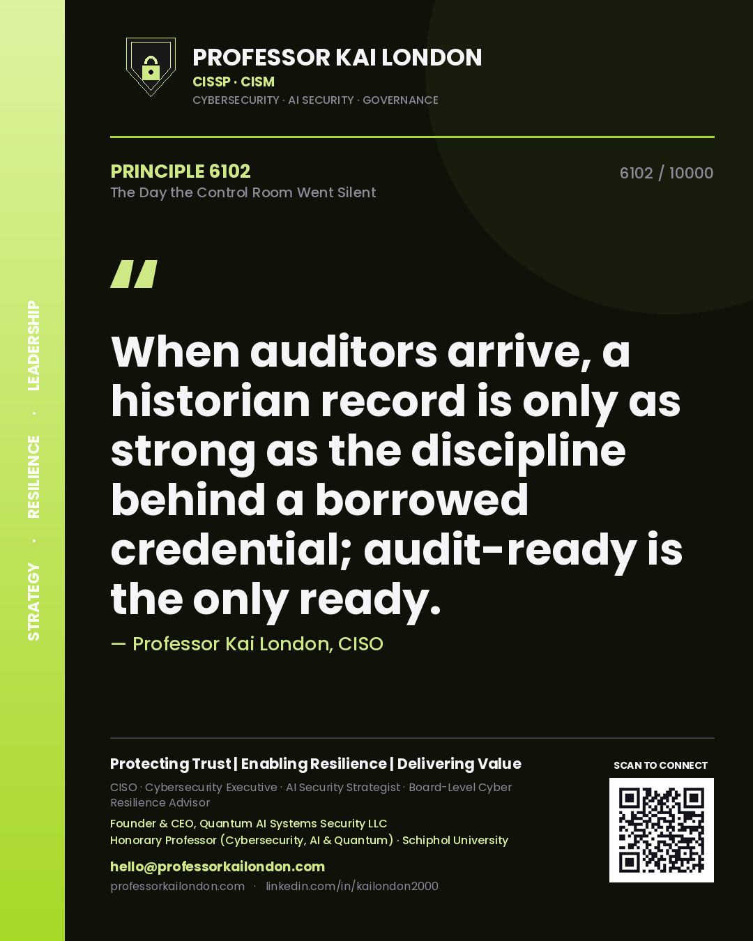 Professor Kai London principle 6102: When auditors arrive, a historian record is only as strong as the discipline behind a borrowed credential; audit-ready is the only ready.
