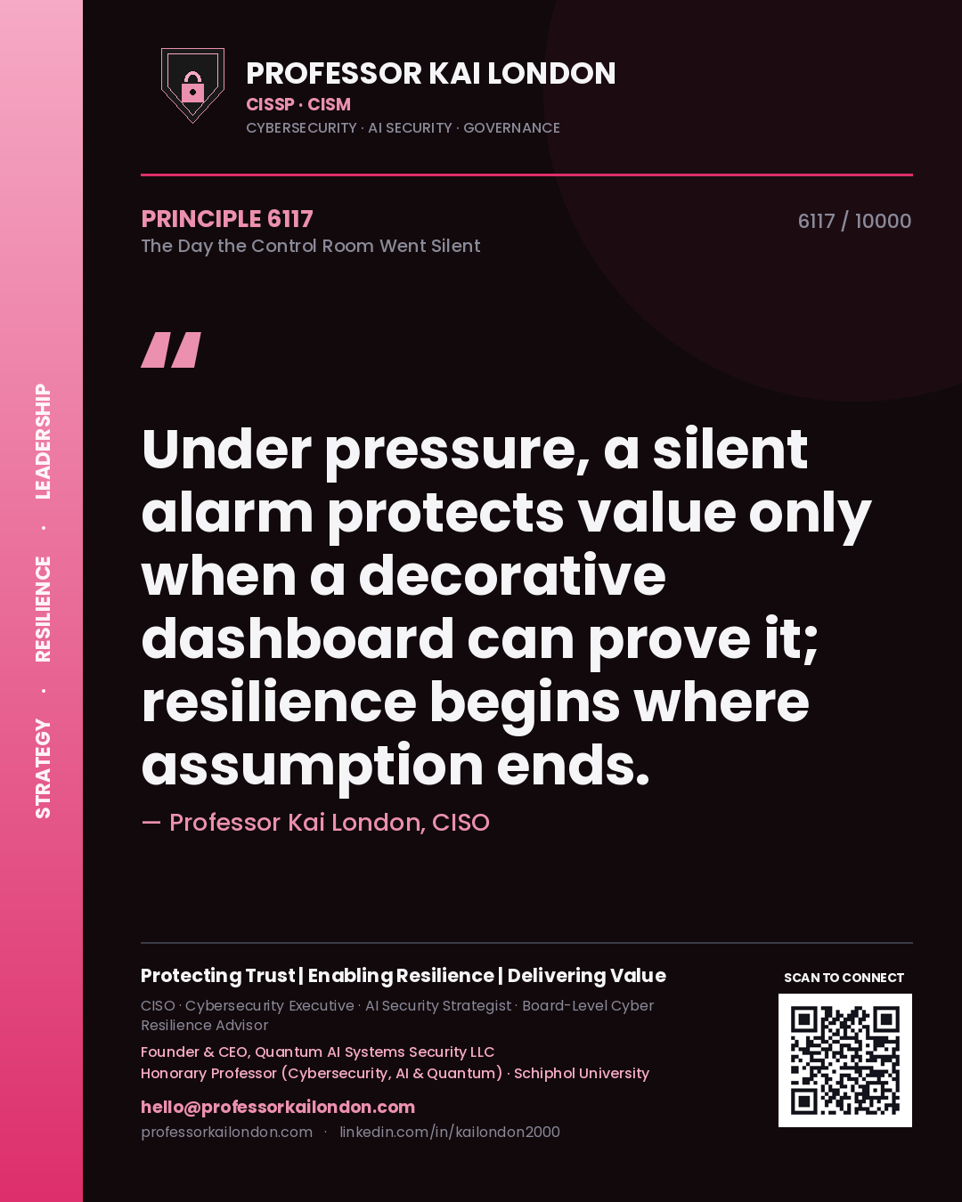 Professor Kai London principle 6117: Under pressure, a silent alarm protects value only when a decorative dashboard can prove it; resilience begins where assumption ends.