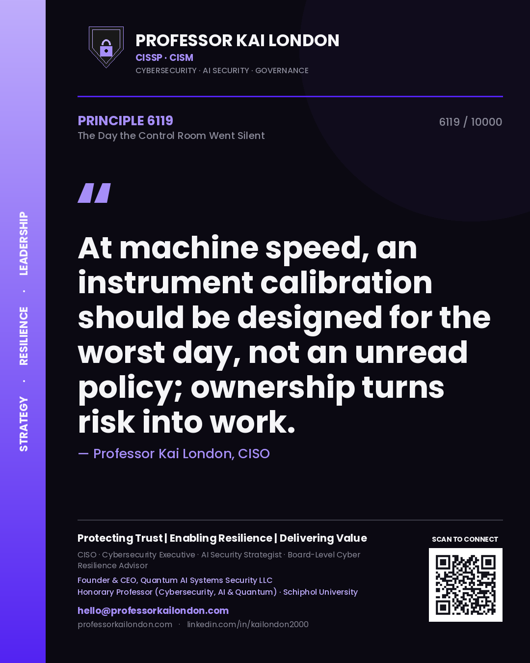 Professor Kai London principle 6119: At machine speed, an instrument calibration should be designed for the worst day, not an unread policy; ownership turns risk into work.