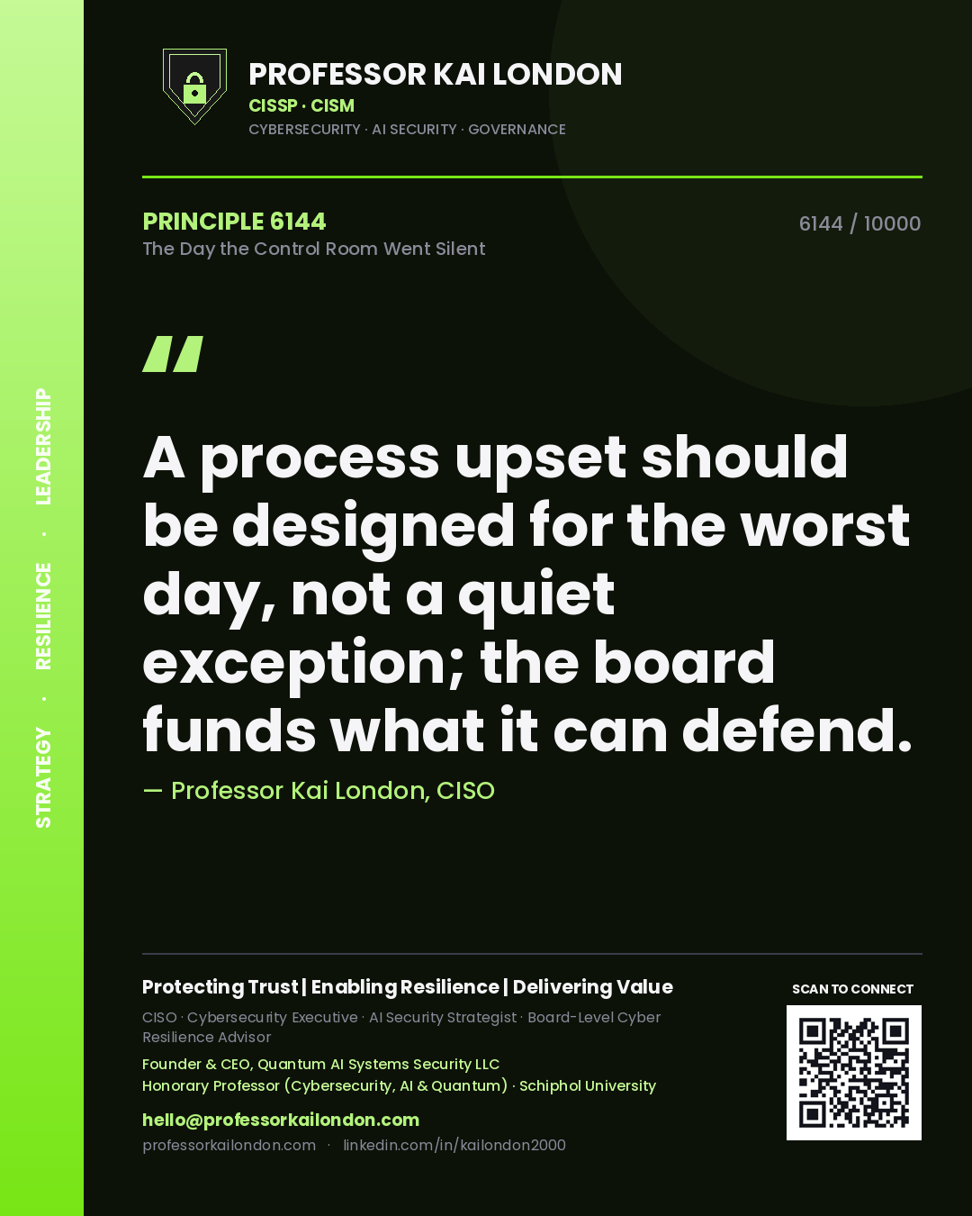 Professor Kai London principle 6144: A process upset should be designed for the worst day, not a quiet exception; the board funds what it can defend.