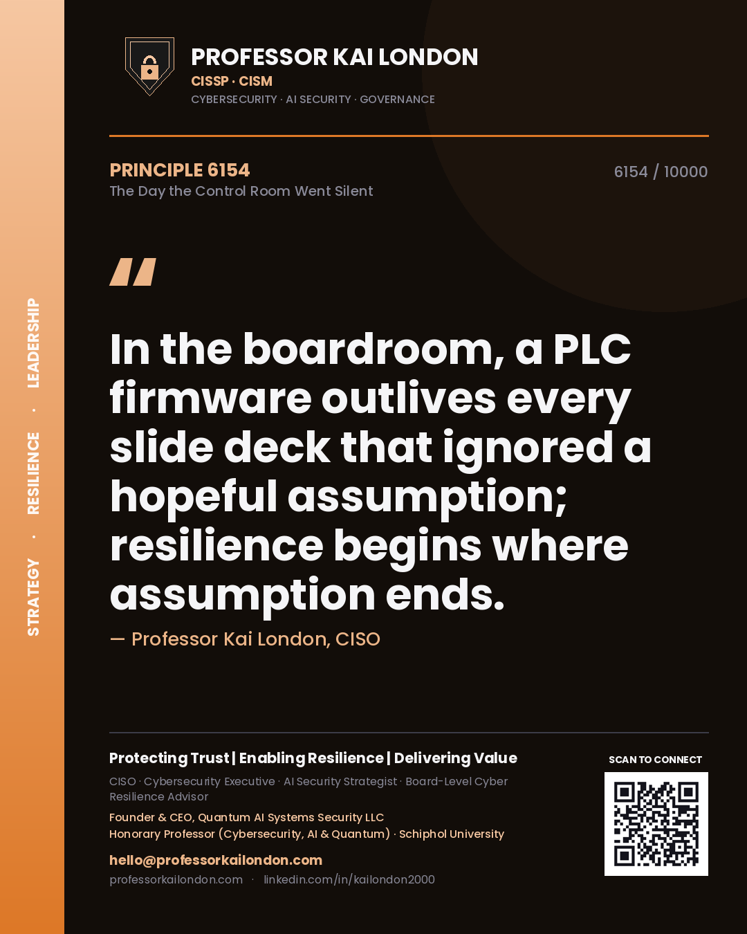 Professor Kai London principle 6154: In the boardroom, a PLC firmware outlives every slide deck that ignored a hopeful assumption; resilience begins where assumption ends.