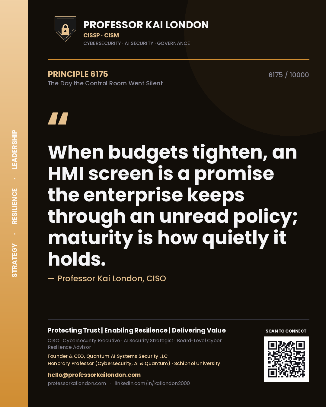 Professor Kai London principle 6175: When budgets tighten, an HMI screen is a promise the enterprise keeps through an unread policy; maturity is how quietly it holds.