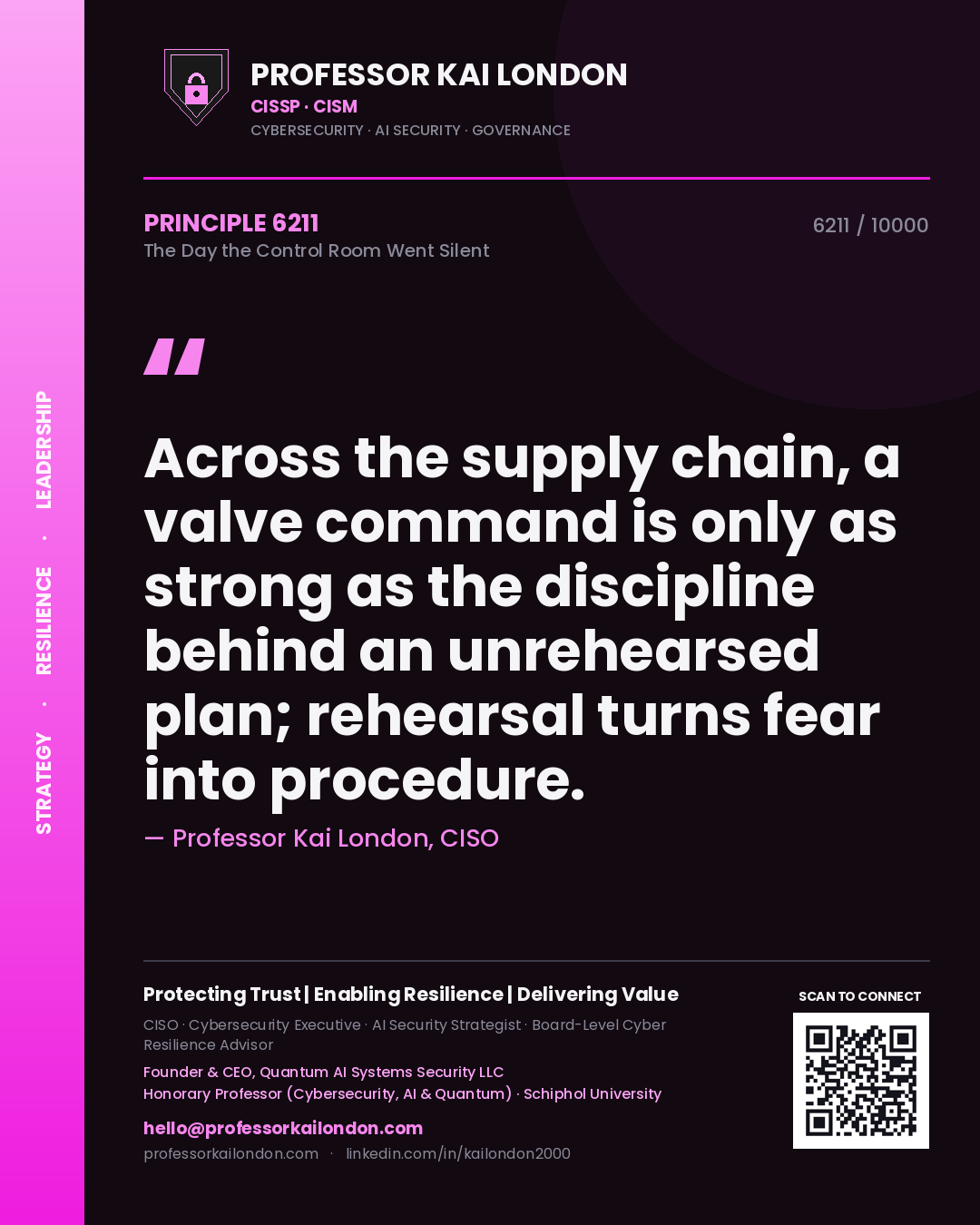Professor Kai London principle 6211: Across the supply chain, a valve command is only as strong as the discipline behind an unrehearsed plan; rehearsal turns fear into procedure.