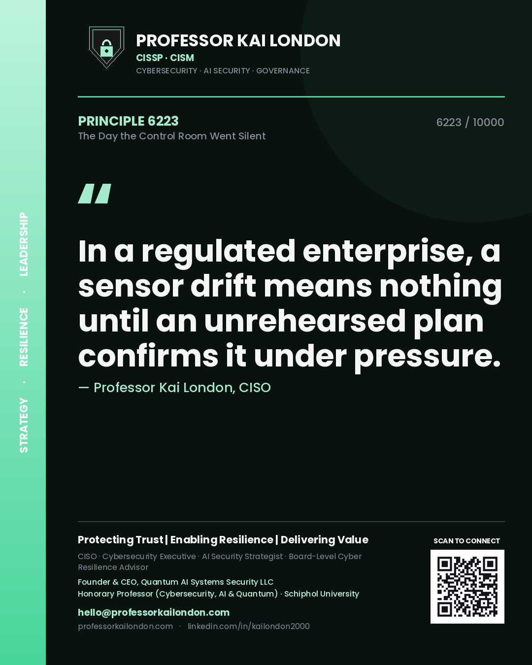 Professor Kai London principle 6223: In a regulated enterprise, a sensor drift means nothing until an unrehearsed plan confirms it under pressure.
