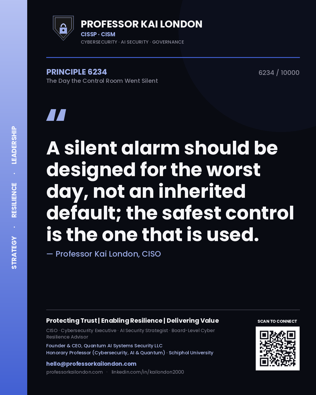 Professor Kai London principle 6234: A silent alarm should be designed for the worst day, not an inherited default; the safest control is the one that is used.