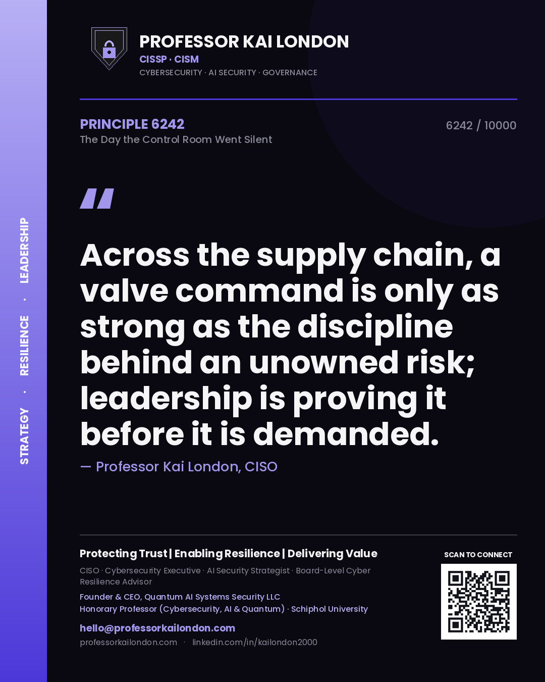 Professor Kai London principle 6242: Across the supply chain, a valve command is only as strong as the discipline behind an unowned risk; leadership is proving it before it is demanded.