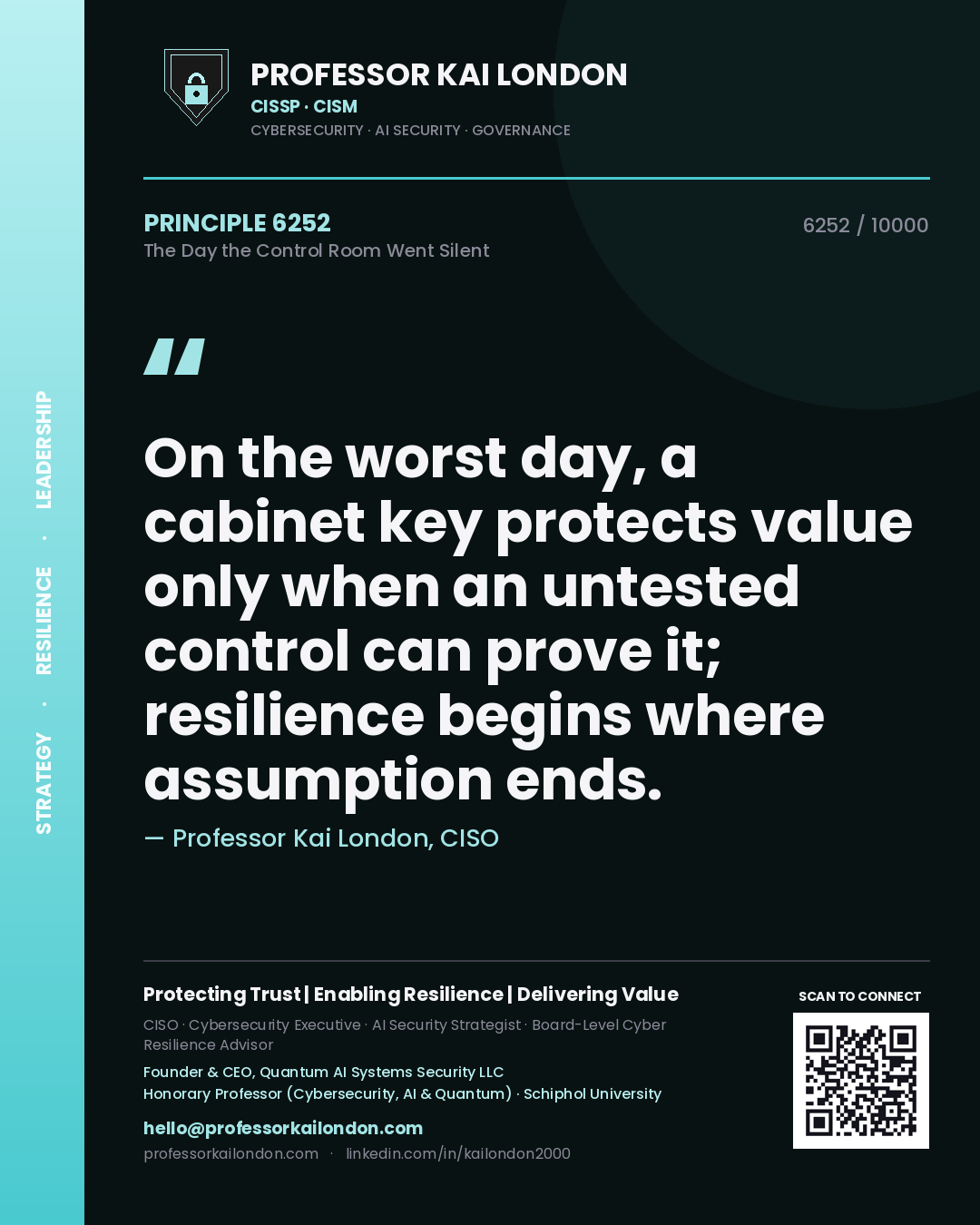 Professor Kai London principle 6252: On the worst day, a cabinet key protects value only when an untested control can prove it; resilience begins where assumption ends.