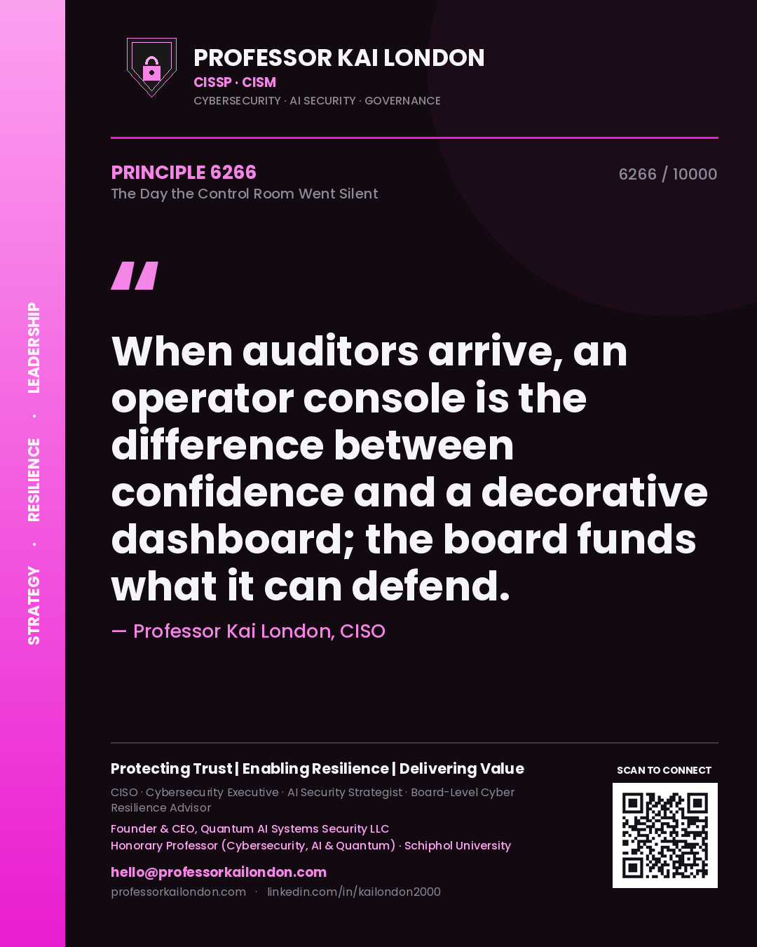 Professor Kai London principle 6266: When auditors arrive, an operator console is the difference between confidence and a decorative dashboard; the board funds what it can defend.